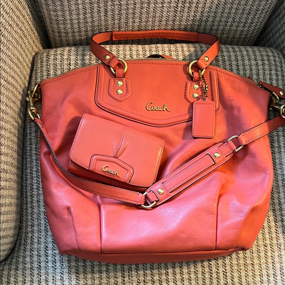 Coach Red Leather Shoulder Bag and Wallet